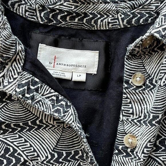 Anthropologie Black White Button Up Blouse Women L Ruched Waist Boho Geometric - Picture 3 of 8